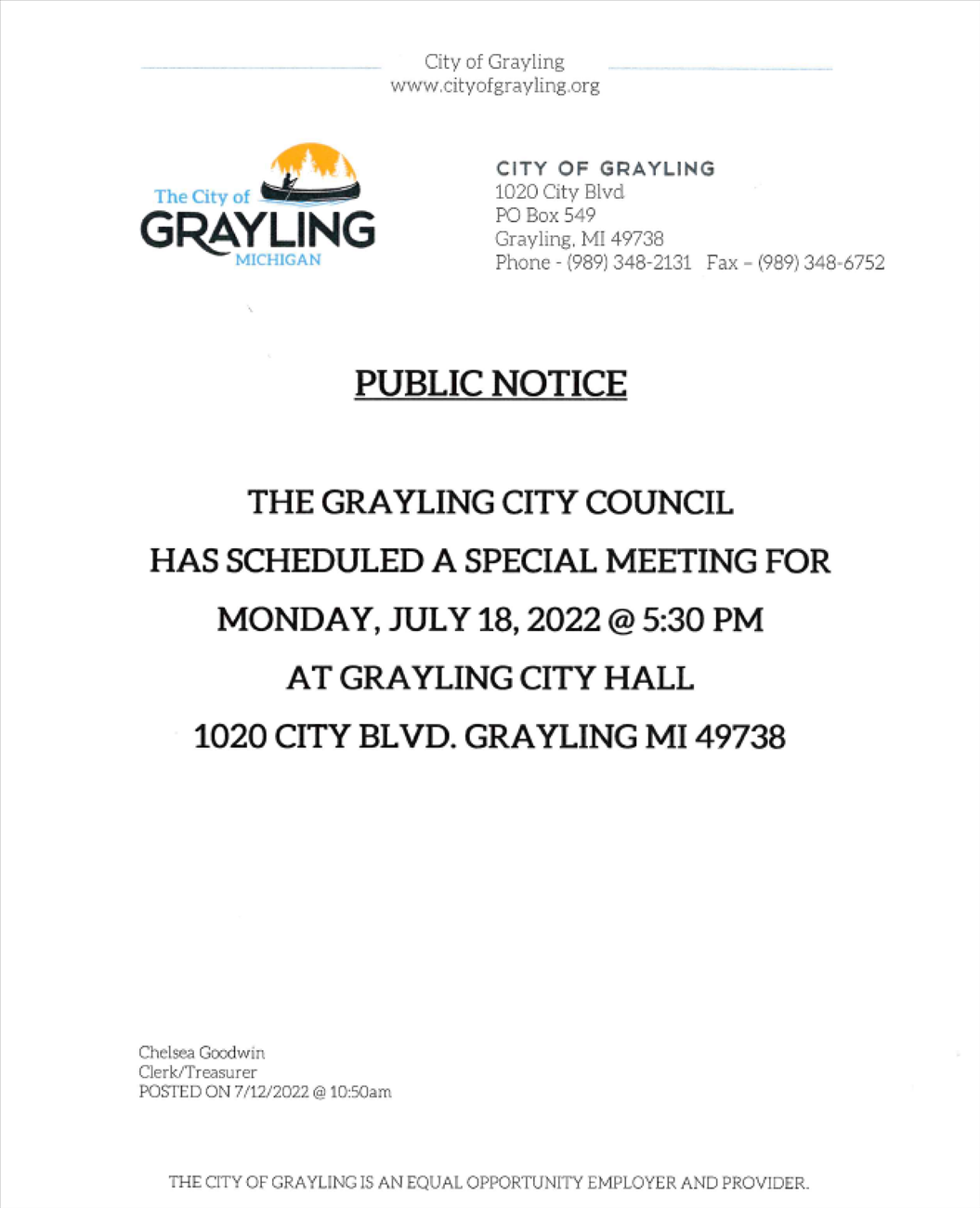 PUBLIC NOTICE JULY 18, 2022 530PM City of Grayling