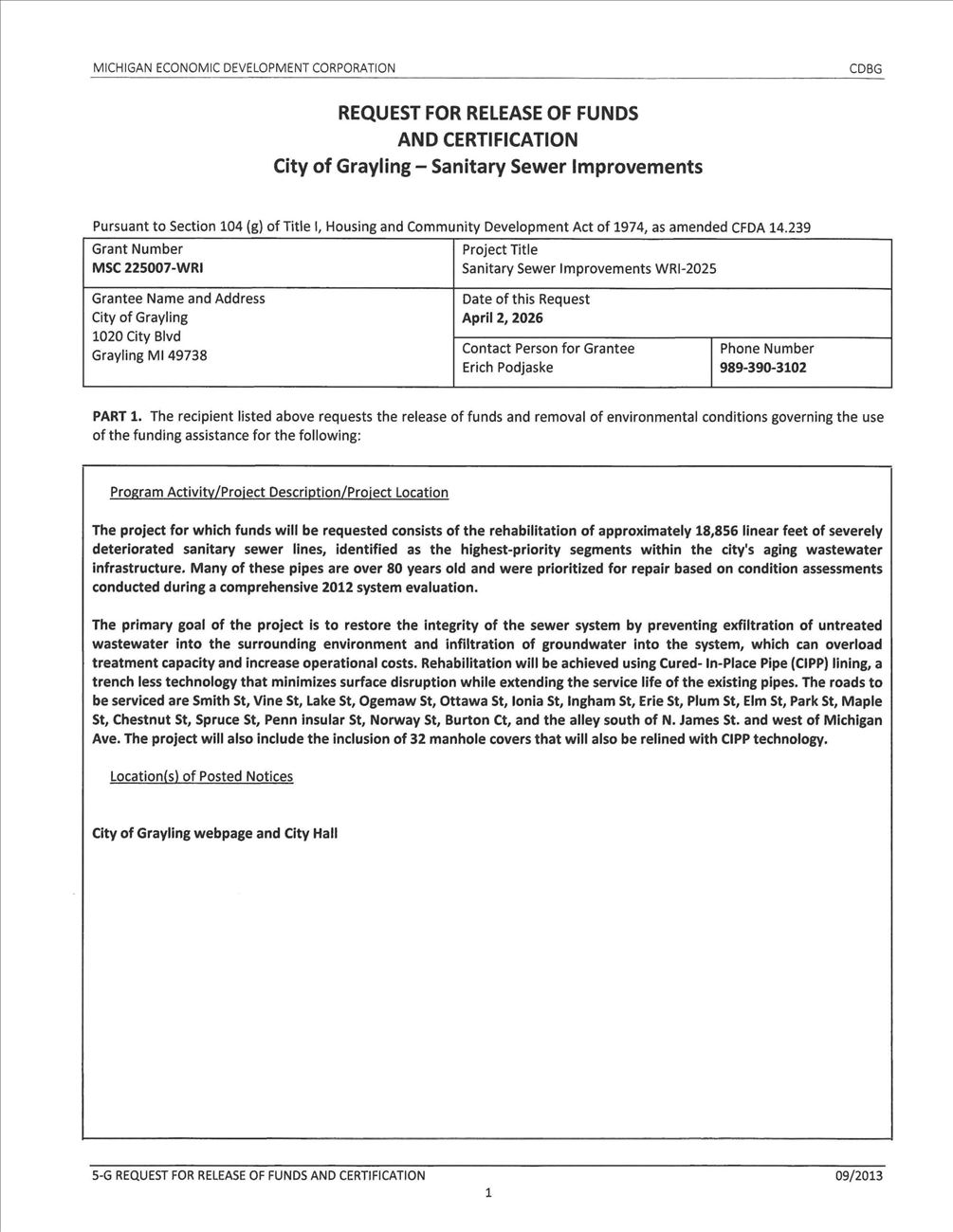 REQUEST FOR RELEASE OF FUNDS AND CERTIFICATION page 1