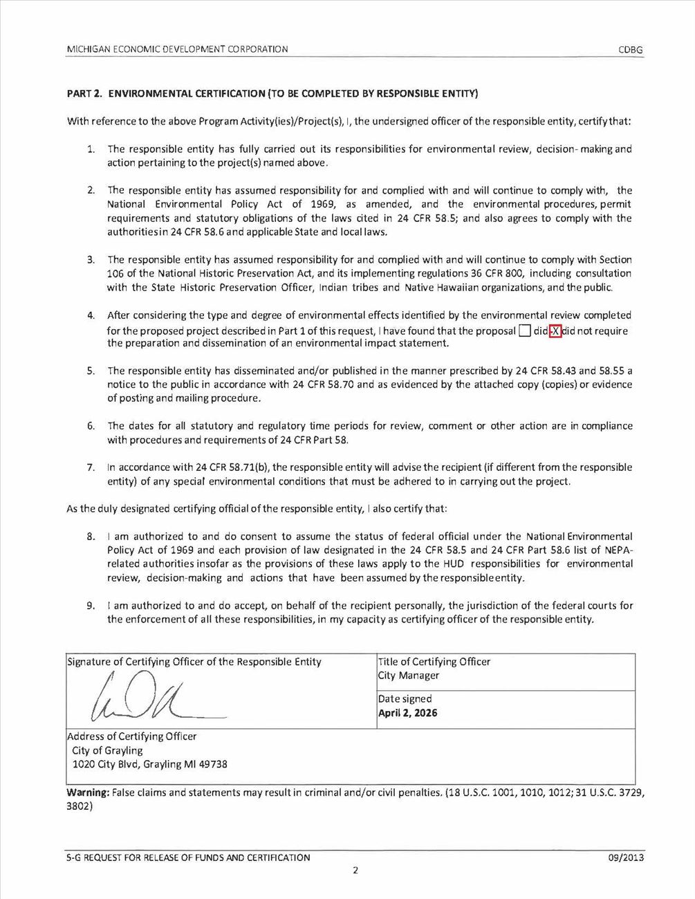 REQUEST FOR RELEASE OF FUNDS AND CERTIFICATION page 2